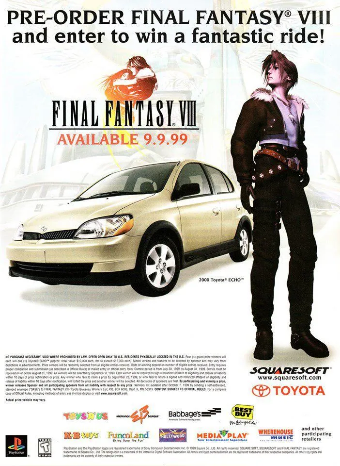 Anuncio de revista gringa de la rifa del carro de Final Fantasy VIII