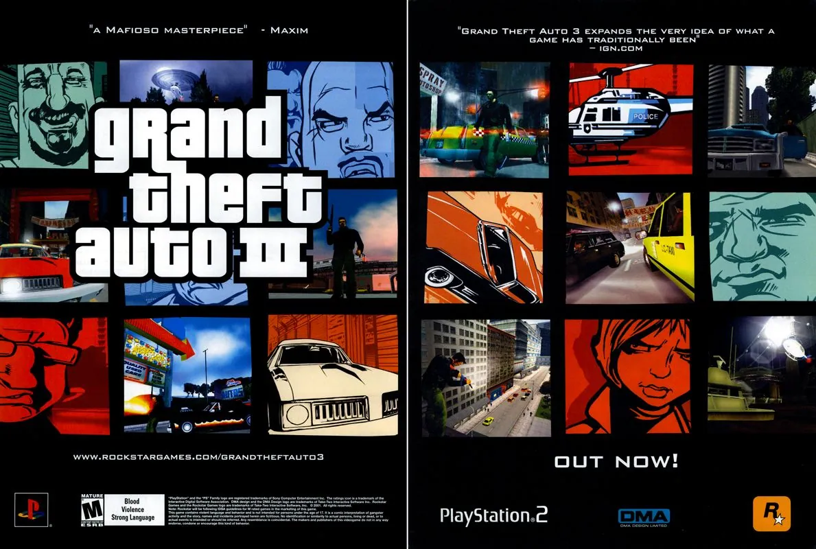 Anuncio de revista gringa a dos páginas de Grand Theft Auto III para PlayStation 2