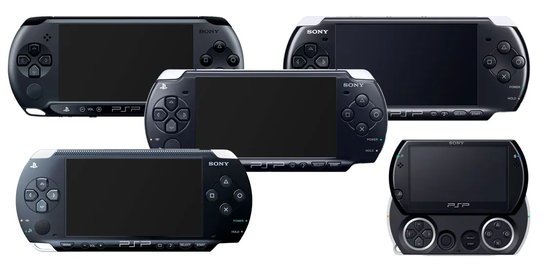 La familia PlayStation Portable más el modelo PSP-E100 en la parte superior izquierda