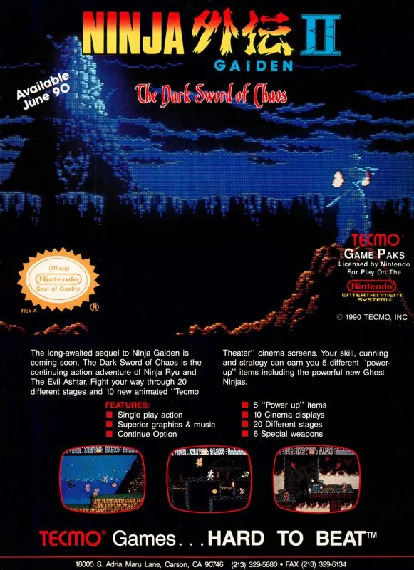 Anuncio de revista gringa de Ninja Gaiden II: The Dark Sword of Chaos