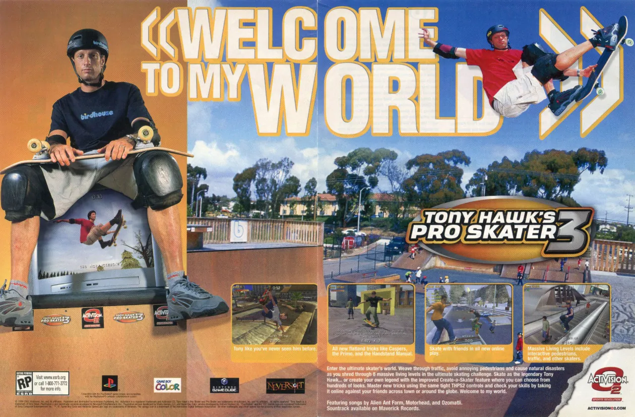 Anuncio de revista gringa de Tony Hawk’s Pro Skater 3. También salió para Game Boy Color y Game Boy Advance.